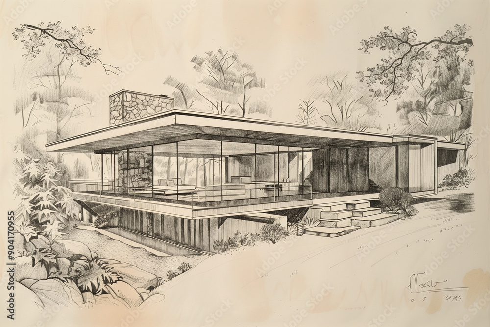 Architect modernist hand pencil drawing of a mid century modern house ...