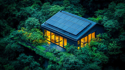 Canvas Print - Eco-Friendly Living: Solar Panels on Roof of Green Home in Nature