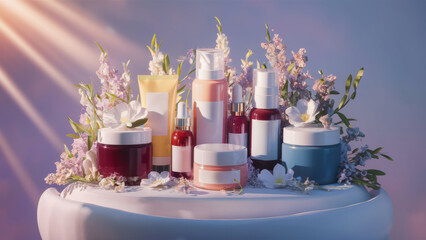 Wall Mural - A bunch of different types of cosmetics and lotions are on a table, AI