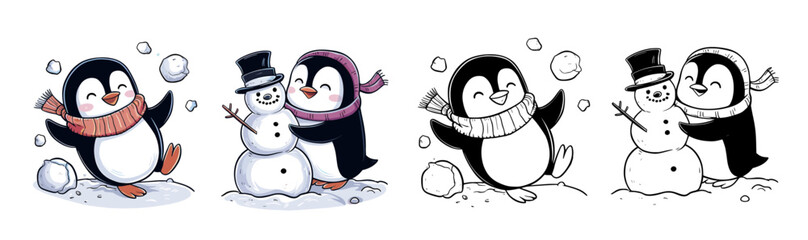 Wall Mural - Cute cartoon Penguins enjoying winter activities. Penguins creating slowballs. Snowman, Generative AI