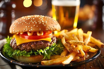 Delicious cheeseburger with fries, perfect for fast food advertisements and restaurant menus.