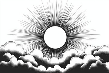 a sun and clouds - black and white illustration