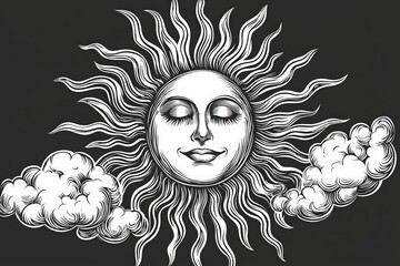 a sun and clouds - black and white illustration