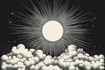 a sun and clouds - black and white illustration