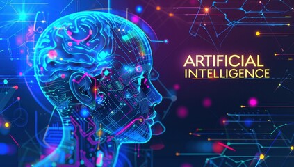 A digital illustration of an AI robot head with glowing neon lights against a dark blue background The words 