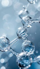 Close-up of water molecules with clear detailed structure on a light blue background