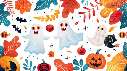 Wall Mural - Abstract cute Halloween background with colorful ghosts and whimsical patterns, vector illustration, high-resolution, festive and playful concept 