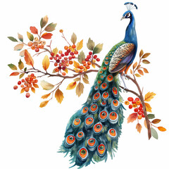 The Peacock on the Rowan in watercolor on white background, Illustration