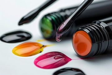 Wall Mural - Close-up of elegant nail polish bottles with colorful drops and brushes