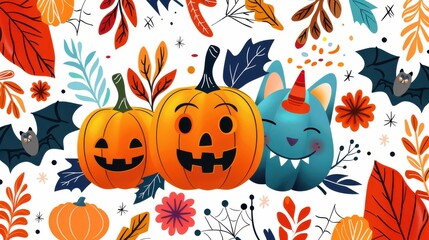 Wall Mural - Abstract cute Halloween background with colorful pumpkins and whimsical designs, vector illustration, high-resolution, fun and festive concept 