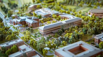 Wall Mural - Generate a photo realistic image of a maquette illustrating the expansion of an educational campus with academic buildings, libraries, and student gathering spaces