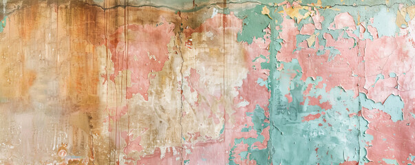 An old stucco wall with a colorful vintage design, featuring soft pastel tones and a warm, nostalgic feel.