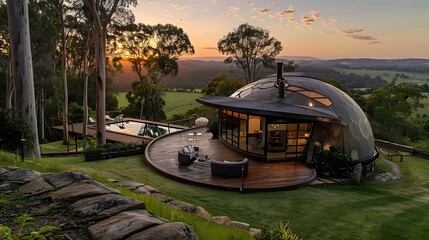 A unique home with a dome roof and a view of a lovely setting