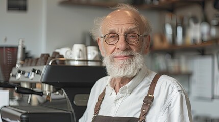 Wall Mural - A 50-year-old Caucasian man with gray hair and beard works as a barista, inside a coffee shop, posing smiling with an apron.