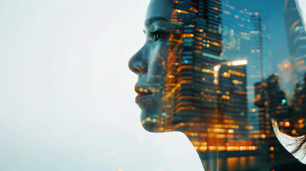 Canvas Print - Close up, female business concept, represented by a double exposure of building skyscrapers, finance, or trader at work