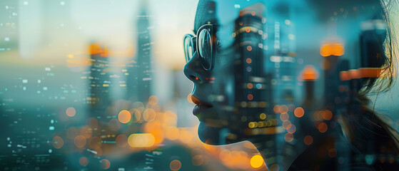 Wall Mural - Close up, female business concept, represented by a double exposure of building skyscrapers, finance, or trader at work