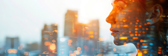 Canvas Print - Close up, female business concept, represented by a double exposure of building skyscrapers, finance, or trader at work