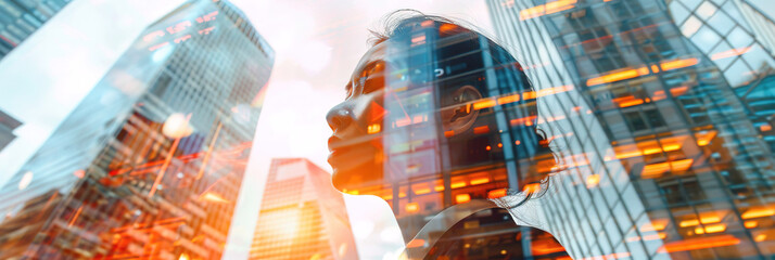 Sticker - Close up, female business concept, represented by a double exposure of building skyscrapers, finance, or trader at work