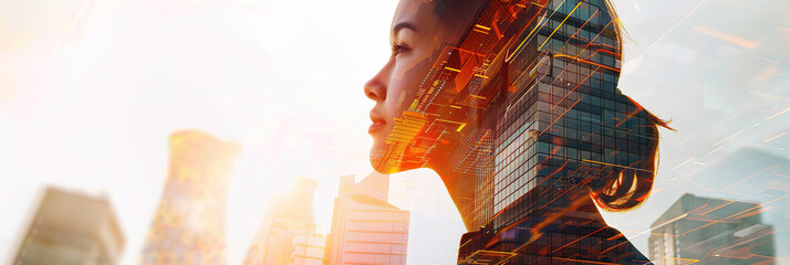 Canvas Print - Close up, female business concept, represented by a double exposure of building skyscrapers, finance, or trader at work