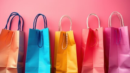 Colorful shopping bags arranged pleasingly on a pink background.