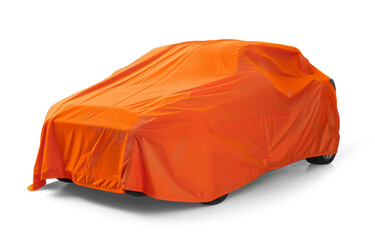 a car is covered by an orange protective tarpaulin, isolated on white background