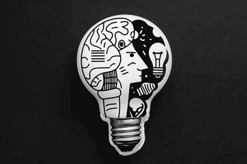 Sticker - Black and White Light Bulb with Face Creative Concept Art Modern Illustration Unique Design Innovation and Imagination