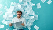 © eaglesky - A man is reading a book while submerged in a pile of papers. Concept of chaos and disorganization, as the man is surrounded by a large number of papers