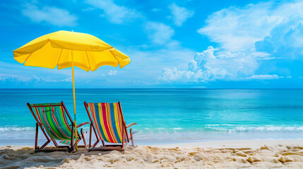 Wall Mural - Two beach chairs with a red and yellow umbrella in front of the ocean. The scene is relaxing and peaceful