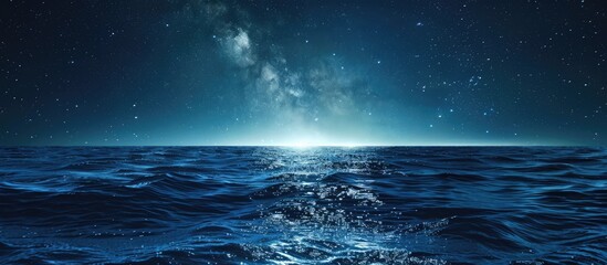 Wall Mural - starry night sky in blue hues above a serene ocean seascape with ample copy space image