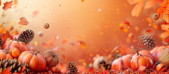 Wall Mural - Autumn inspired scene with pumpkins cones chestnuts and leaves on an orange backdrop for a copy space image