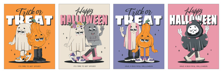 Wall Mural - Halloween greeting card collection. Posters with retro groovy characters. Pumpkin, ghost, death, tombstone. Happy halloween and trick or treat. For invitation, flyer, social media post, banner. 