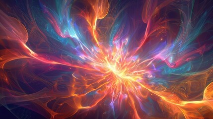 Poster - A radiant fractal flame bursts with dynamic colors and ethereal wisps of light, creating an enchanting display of energy in a deep dark setting