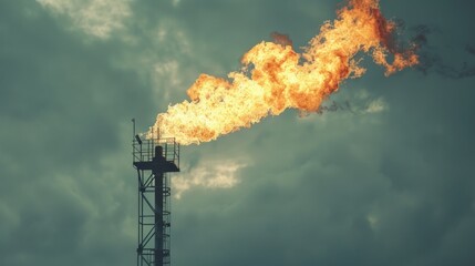 Poster - A dramatic industrial image shows an oil rig with a tall gas flare emitting flames and smoke. A person observes against stormy skies, creating a striking contrast.