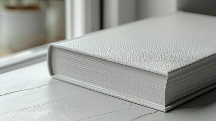 Wall Mural - Close-Up of a White Hardcover Book on a White Wooden Surface Near a Window with Soft Natural Light