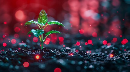 Wall Mural - A young plant growing in a future soil featuring digital features and a backdrop of red light