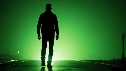 Silhouette of a man walking on a road at night with a green background.