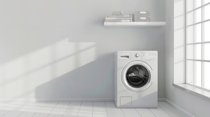 White washing machine in a contemporary laundry room white text background with white space, Generative AI.