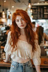 Canvas Print - A woman with long red hair standing in front of a counter