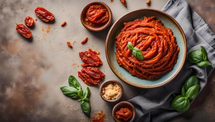 Wall Mural - Homemade Sun Dried Tomato Pesto in a Bowl, top view. Flat lay, overhead, from above. Copy space.
