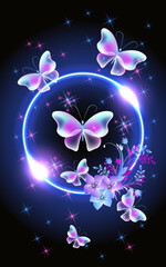 Wall Mural - Glowing fairytale neon round frame with magical transparent butterflies and flowers. Abstract fantastic background.