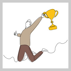 Wall Mural - Continuous single line sketch drawing of business man successful achievement goal holding trophy reward. one line vector illustration success leader employee corporate celebration