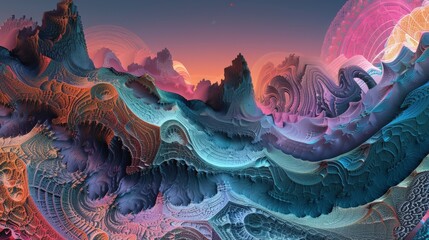 Poster - A breathtaking digital fractal landscape showcases colorful mountains and valleys under a glowing sunset