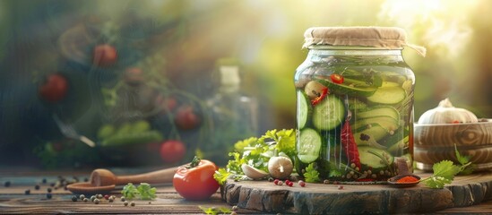 Wall Mural - Jar of pickled cucumbers with vegetables and spices on a wooden table allowing for text in a copy space image