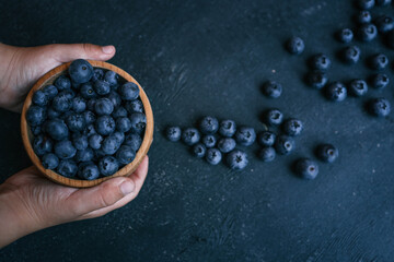 Wall Mural - Blueberries background. Blueberry border design. Ripe and juicy fresh picked bilberries close up. Copyspace for your text