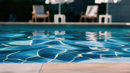 Sticker - A pool with chairs and umbrellas in the background of a blue water, AI