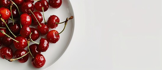 Wall Mural - High quality photo of fresh red cherry fruits on a plate with a white background featuring a close up view perfect for copy space image