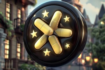 Canvas Print - Golden Pills with Stars Creative Concept Art Modern Illustration Health and Wellness Pharmaceutical Design