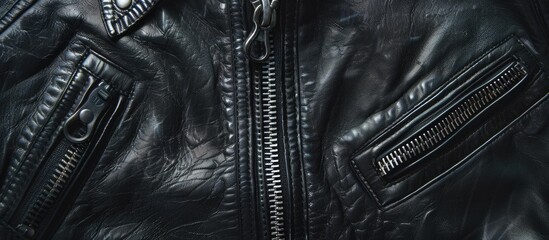 Poster - Top view of a black leather jacket with a zipper providing a textured backdrop in a copy space image