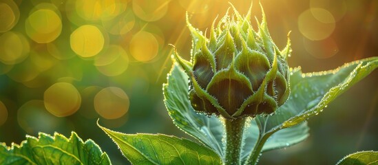 Poster - Close up shot of a sunflower bud with two delicate leaves covered in dew set against a heavily blurred backdrop providing ample copy space image