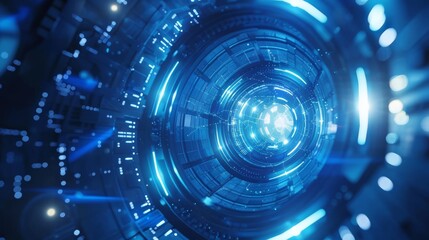 Poster - A futuristic digital tunnel with vibrant blue neon lights, embodying a cybernetic and hightech vibe